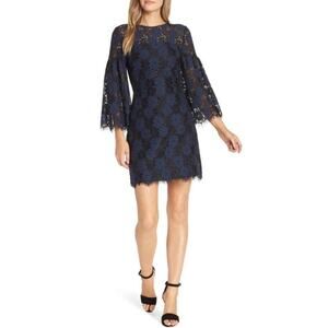 Trina Turk Floral Lace Sheath Dress Sz 6 Navy Ble Black 3/4 Bell Sleeve Cocktail